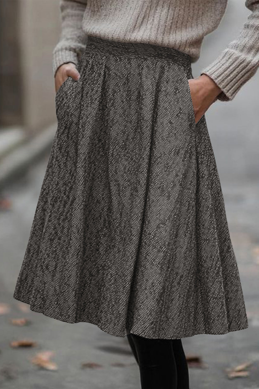 Brown Solid Color Textured Pleated Midi Skirt