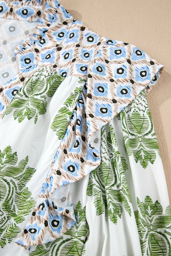 Floral Print Contrast Patchwork Ruffle Detail Mini Dress