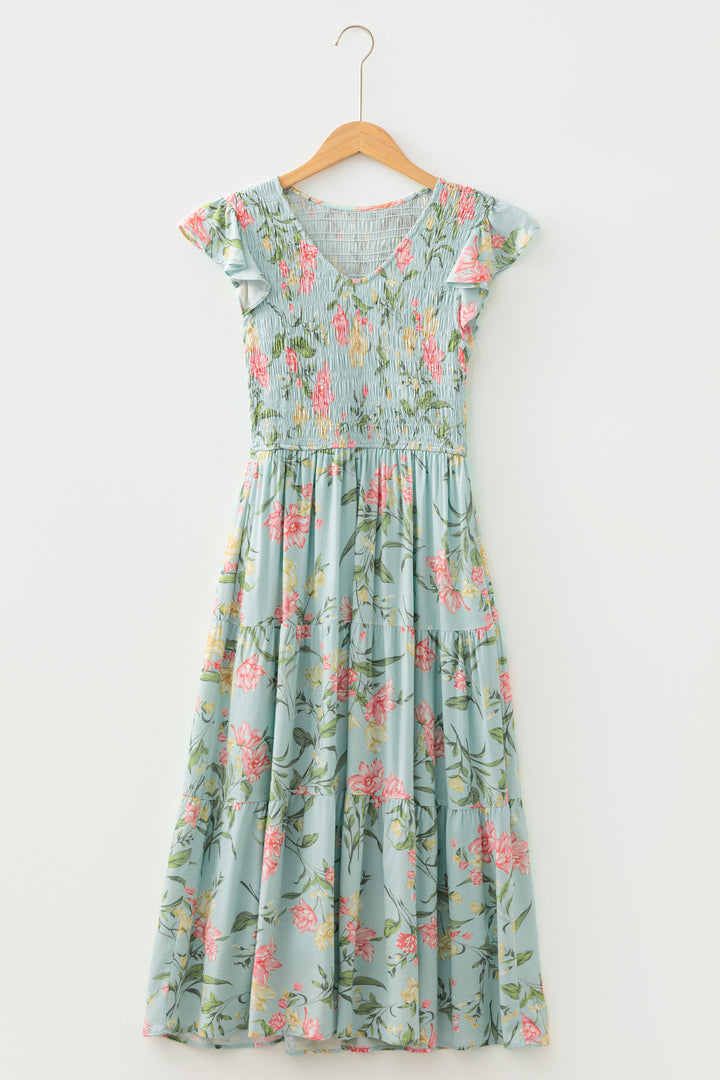 Yellow Smocked Bodice Ruffled Sleeveless Tiered Floral Maxi Dress