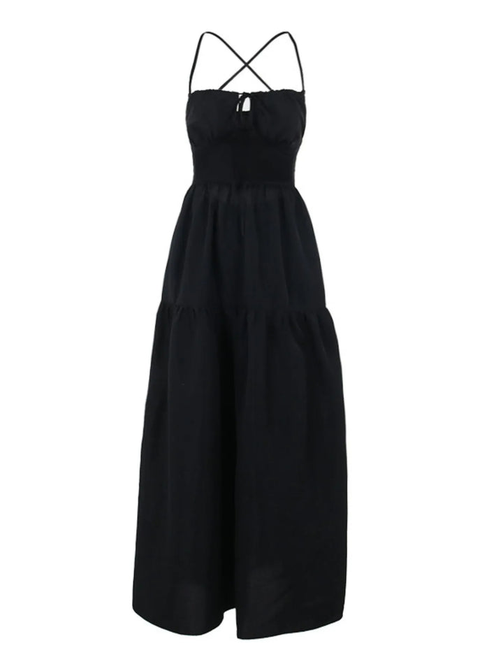 Tiered Lace Up Spaghetti Straps Maxi Dress
