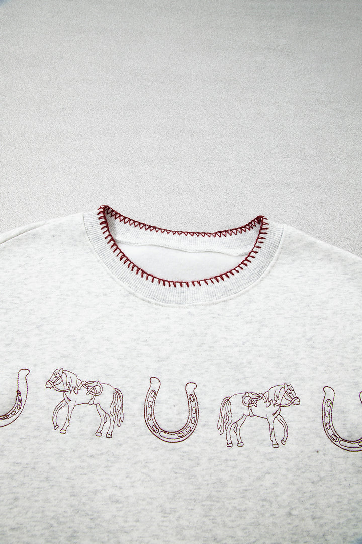 Light Grey Western Print Embroidered Casual Sweatshirt