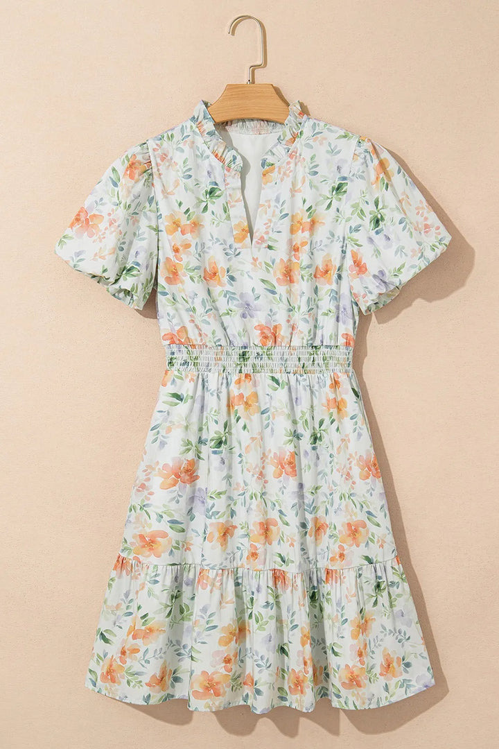 Frill Notched Puff Sleeve Dress
