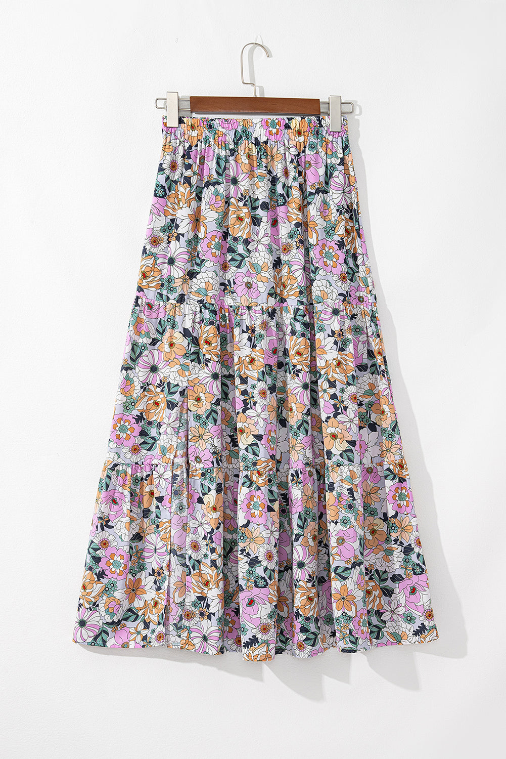 Sky Blue Bohemian Floral Print Tiered Maxi Skirt with Split