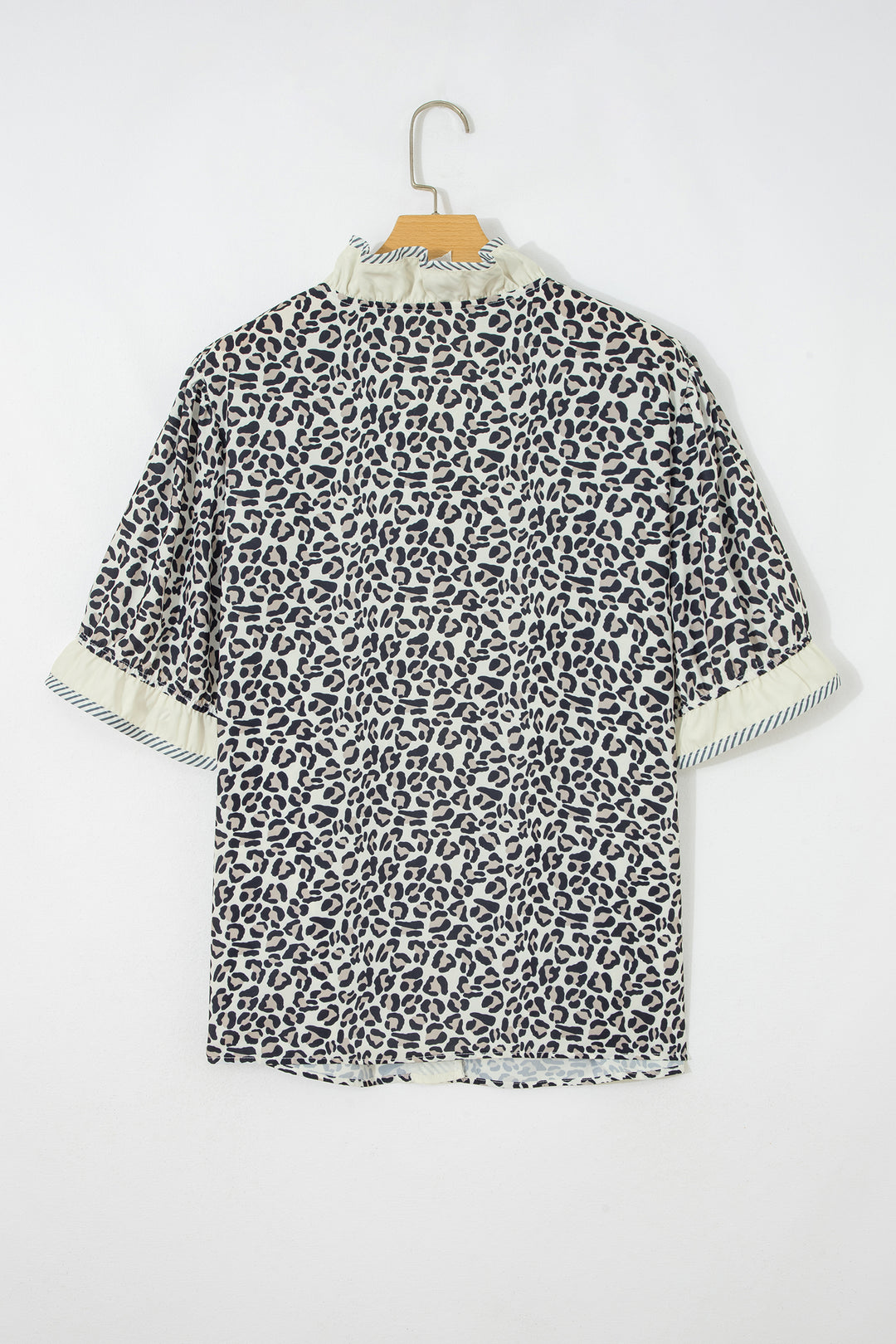 Black Plus Leopard Print Striped Color Block Trim Frilled V Neck Short Sleeve Blouse