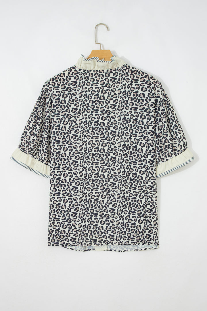 Black Plus Leopard Print Striped Color Block Trim Frilled V Neck Short Sleeve Blouse