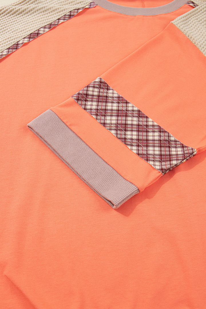 Grapefruit Orange Plaid Flower Waffle Patched Plus Size 3/4 Sleeve Top