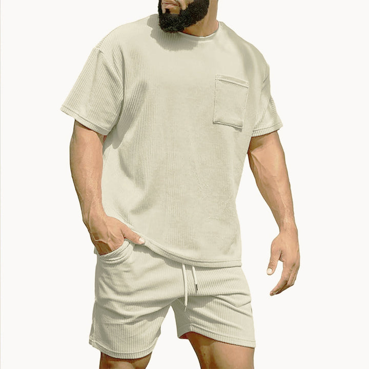 Mens Corduroy Casual Crew-Neck Shorts Set