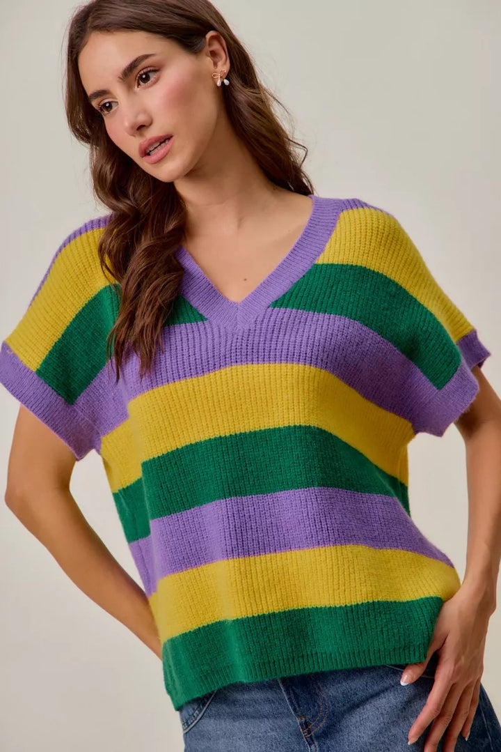 SO ME Mardi Gras Loose Fit V Neck Stripe Sweater Top