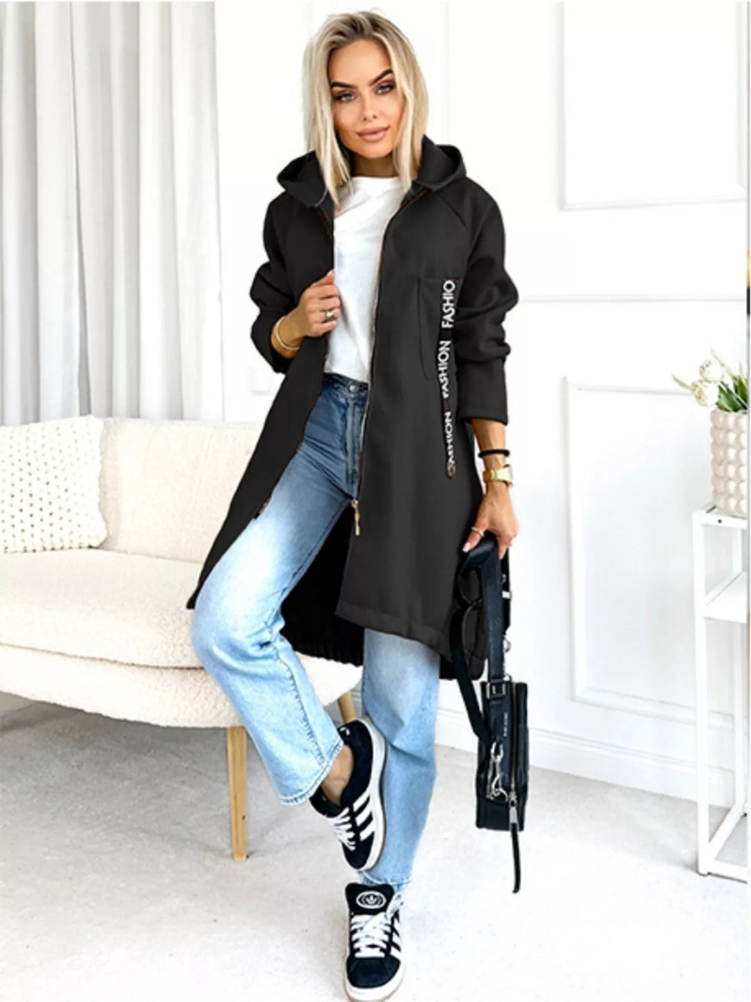 Full Size Zip Up Longline Hooded Outerwear Plus Size
