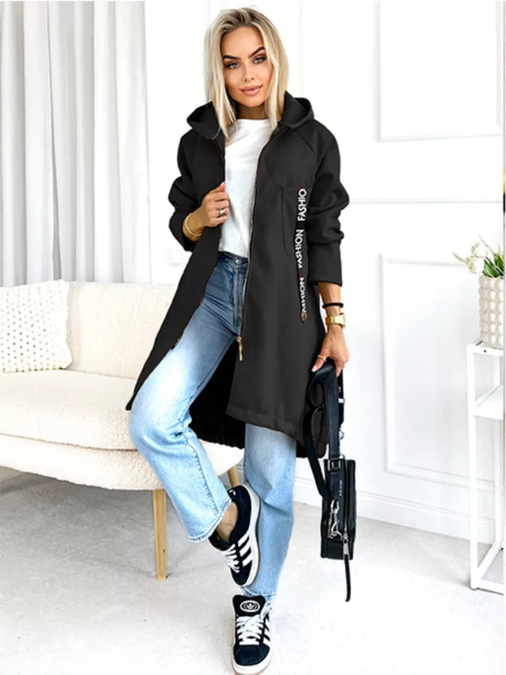 Full Size Zip Up Longline Hooded Outerwear Plus Size