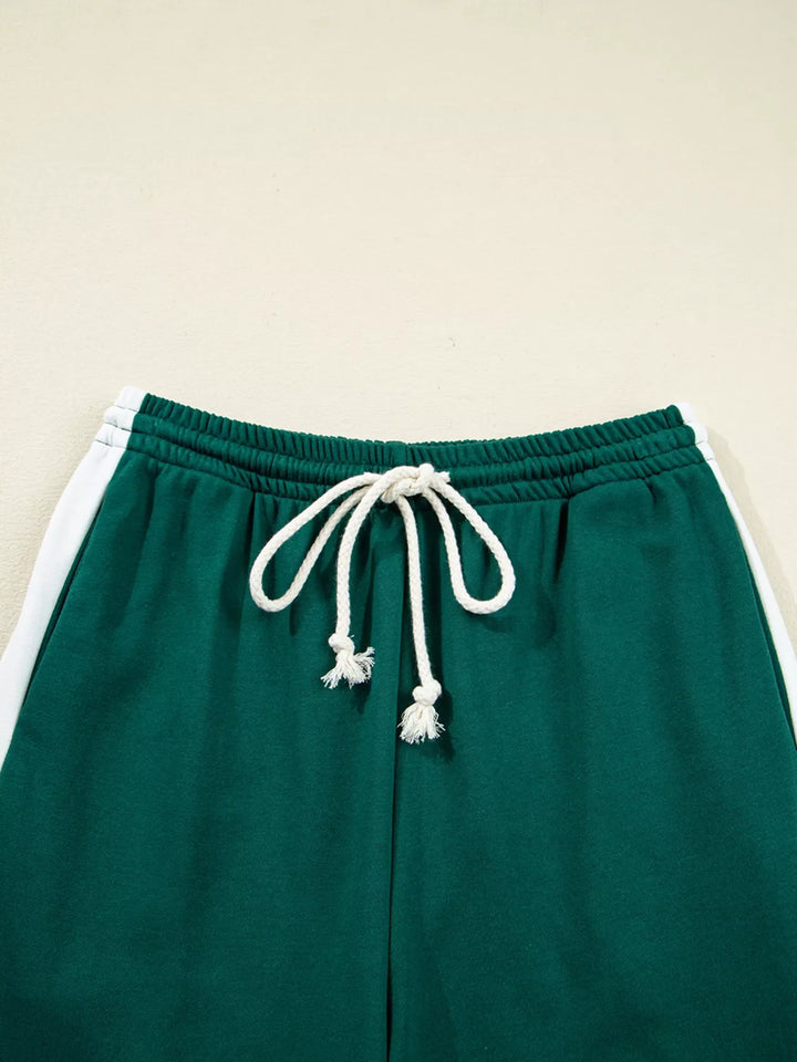 Round Neck Top and Stripe Detail Drawstring Pants Set