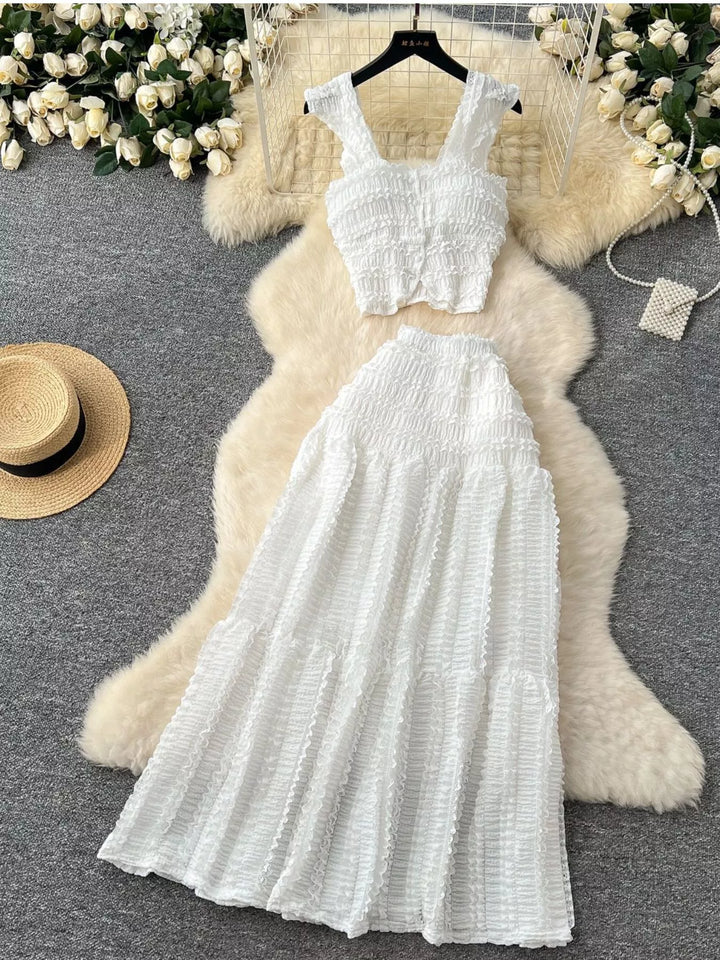 Textured Crop Top and Tiered Skirt Set