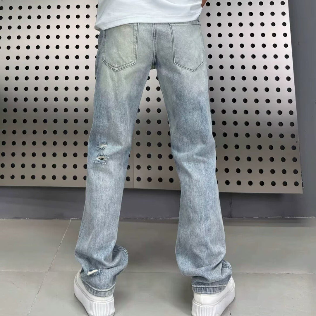 Fumei Personalized Perforated Design Denim Casual Versatile High Street Straight Leg Pants