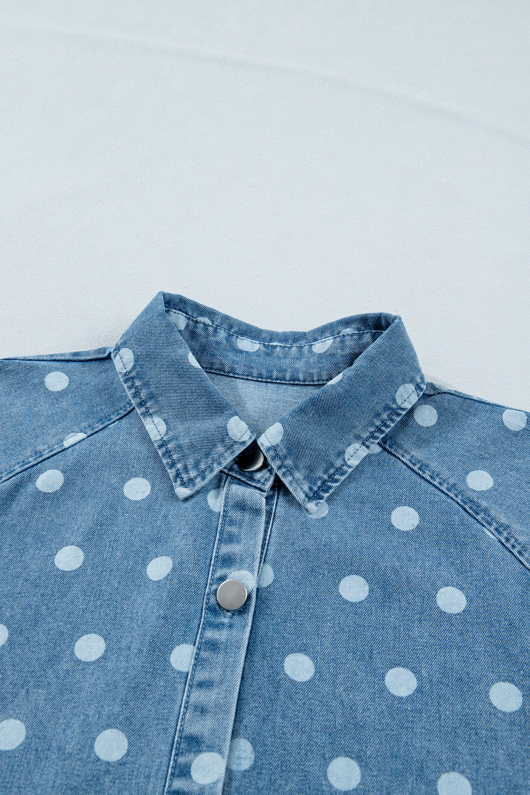 Sky Blue Polka Dot Print Ruffled Short Puff Sleeve Button Down Loose Denim Dress