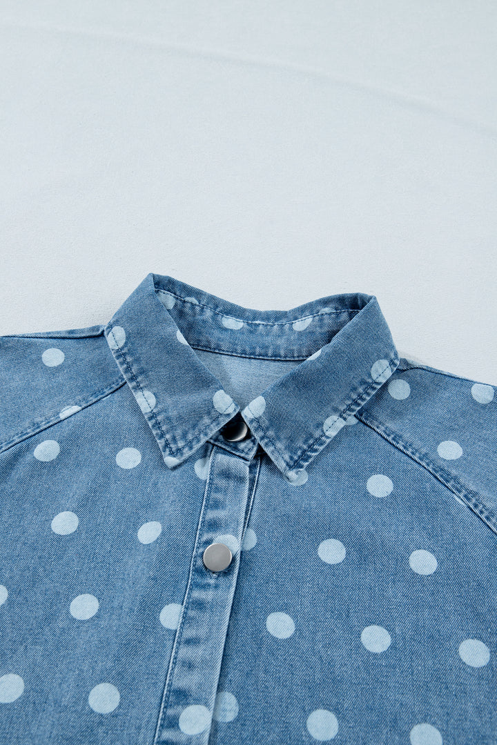 Sky Blue Polka Dot Print Ruffled Short Puff Sleeve Button Down Loose Denim Dress