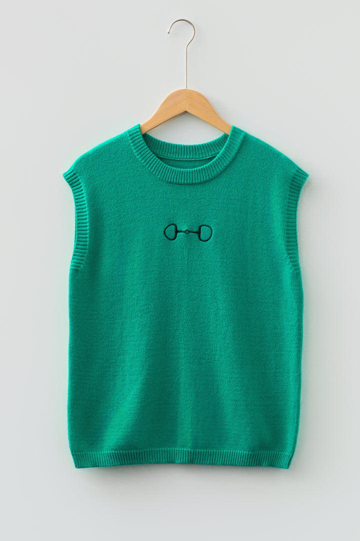 Bright Green Horse Bit Embroidered Loose Short Sleeve Sweater