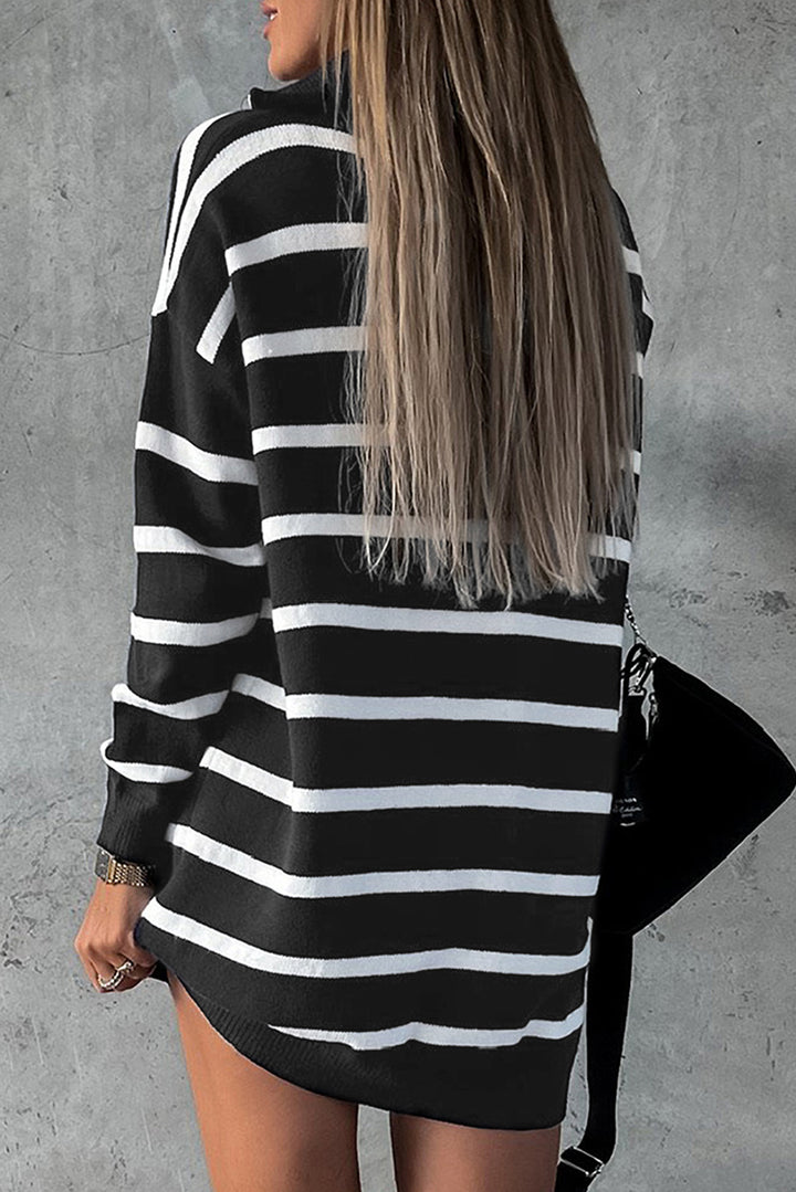 Black Striped O-ring Zip Collared Loose Sweater Mini Dress