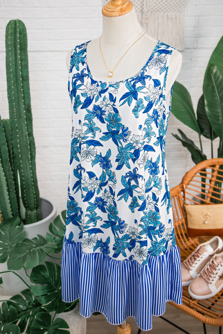 Sky Blue Floral Print U Neck Sleeveless Striped Ruffle Hem Patchwork Dress