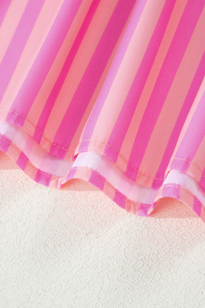 Pink Stripe Split Neck Ruffled Summer Blouse