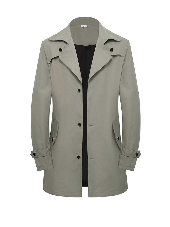 Men's Mid-Length Trench Coat - European American Style Solid Color Single-Breasted Casual Jacket for Daily Wear