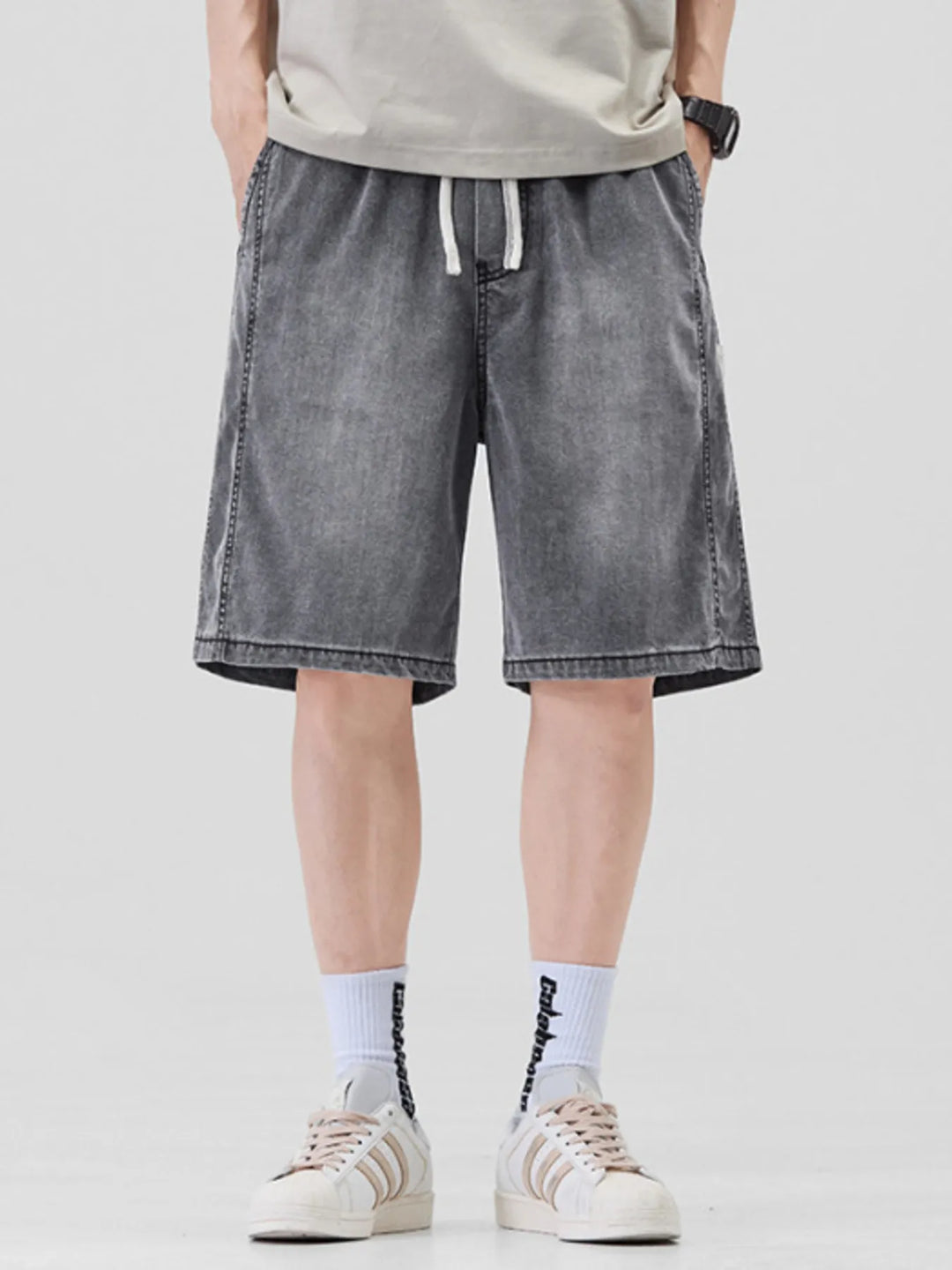 Men's Plus Size Casual Loose Fit Denim Shorts with Drawstring
