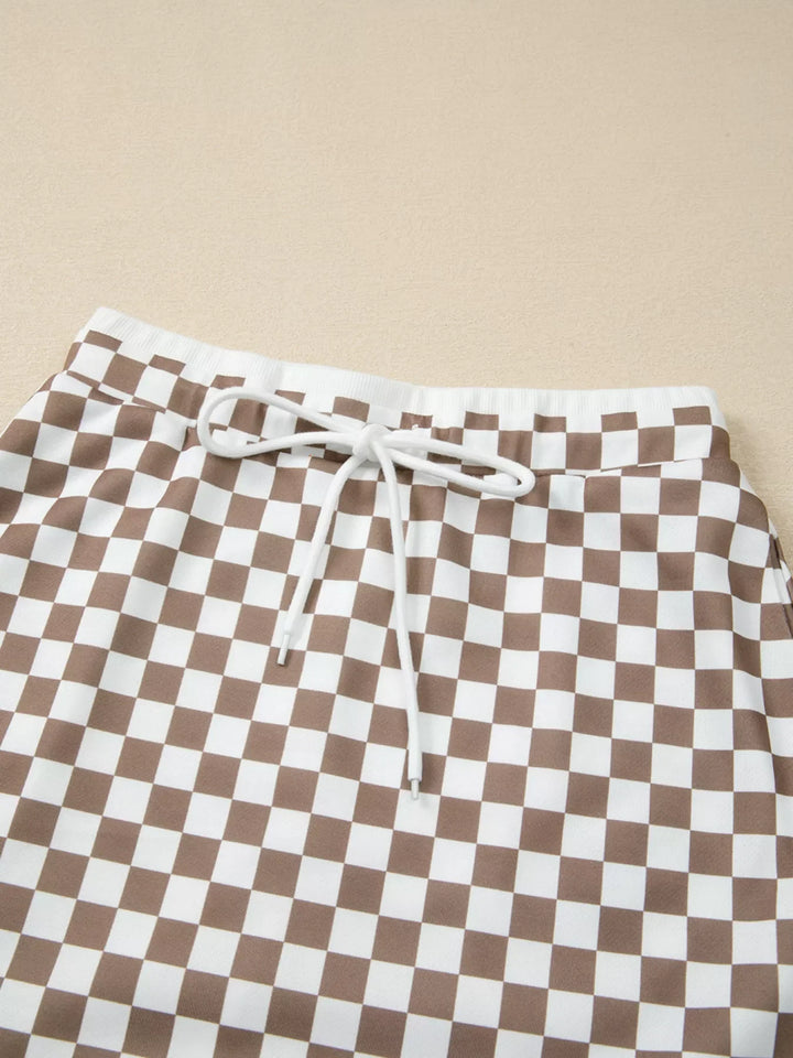 Checkered Print Polo Collar Cropped Long Sleeve Top and Drawstring Mini Skirt Set