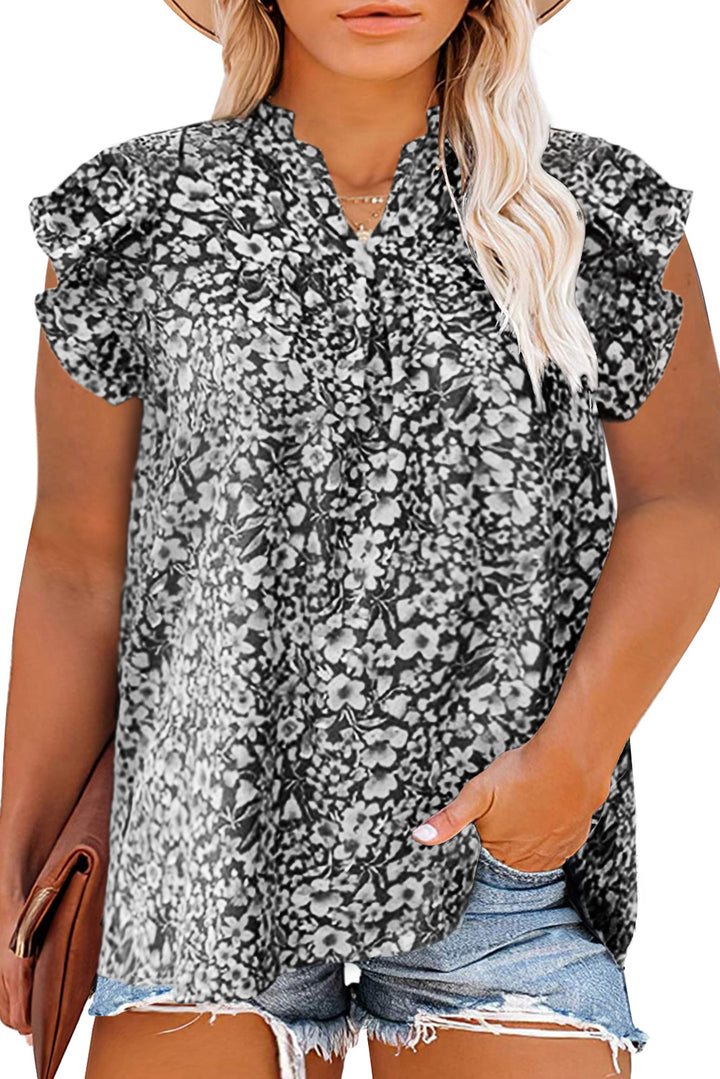 Black Rose Floral Print Ruffle Sleeve Plus Size Shift Top