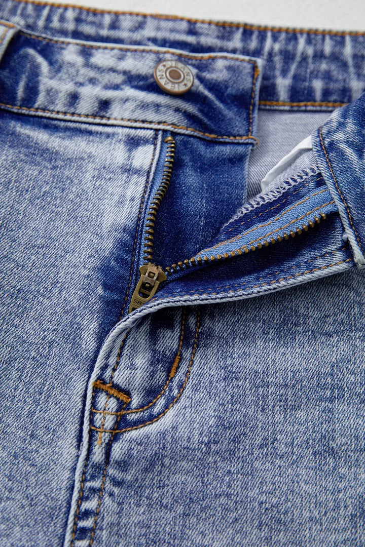 Pearl Studded Pockets Raw Hem Denim Shorts
