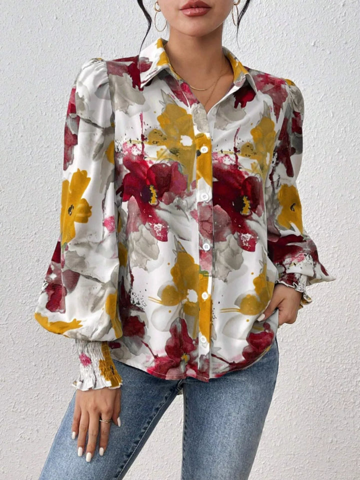 Printed Button Up Lantern Sleeve Shirt