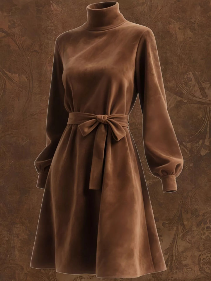 Bow Velvet Turtleneck Lantern Sleeve Dress