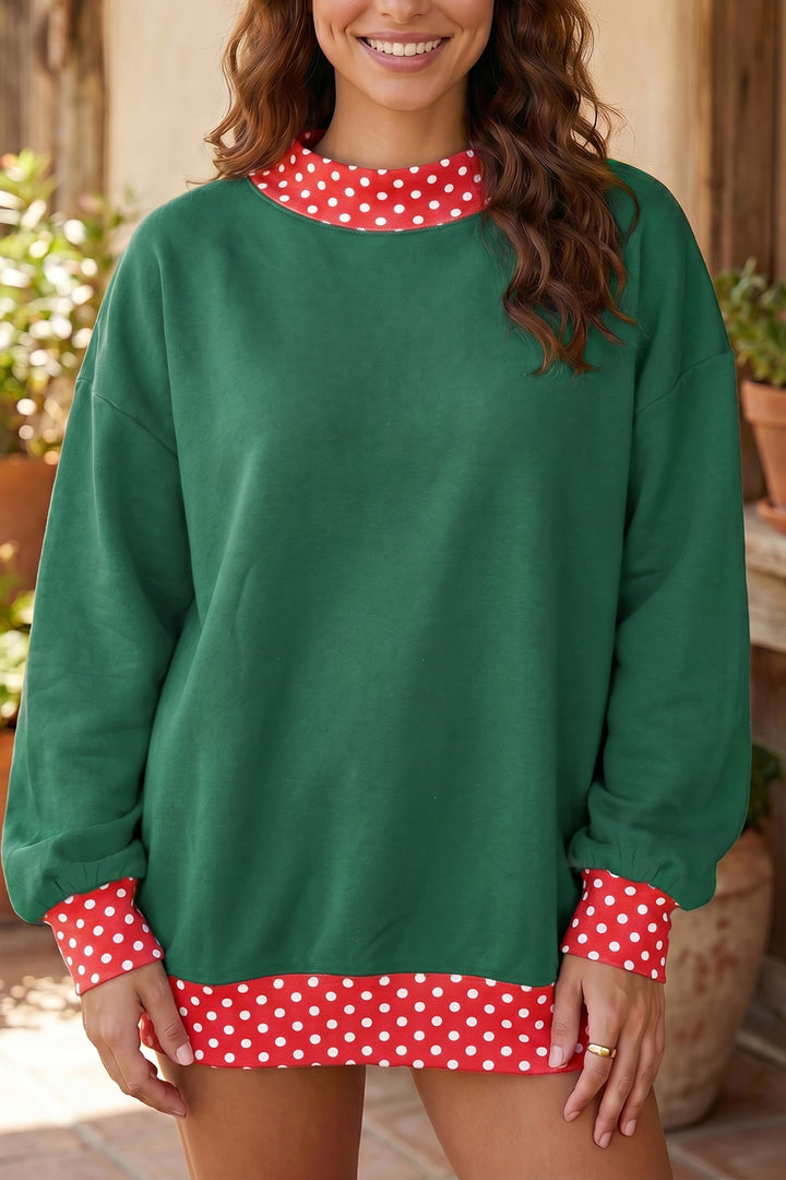 Brown Colorblock Polka Dot Contrast Trim Oversized Sweatshirt