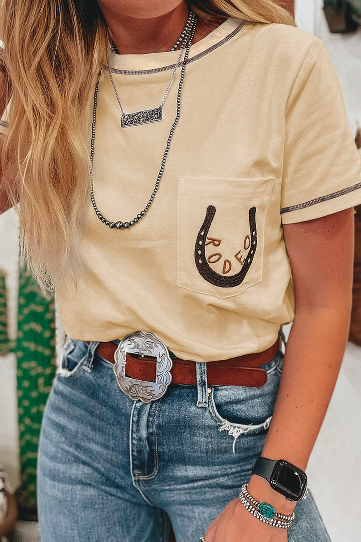杏色 RODEO 馬蹄形刺繡貼袋 T 卹