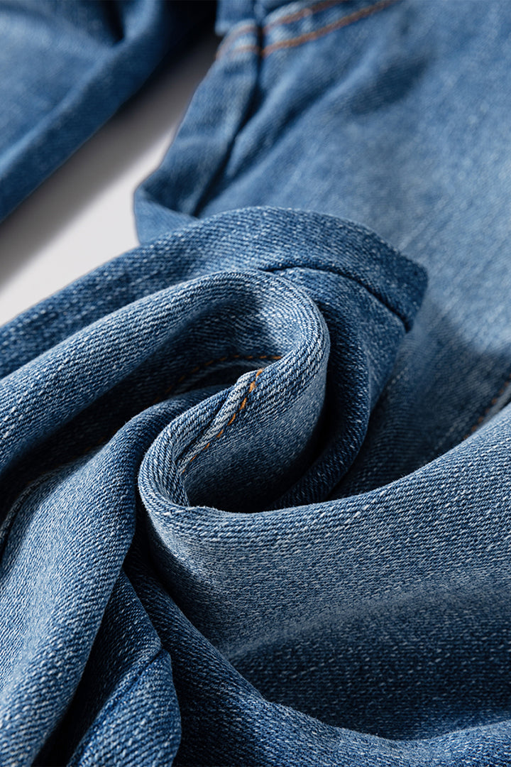 海軍藍高腰羈扣門襟縫合毛邊喇叭牛仔褲