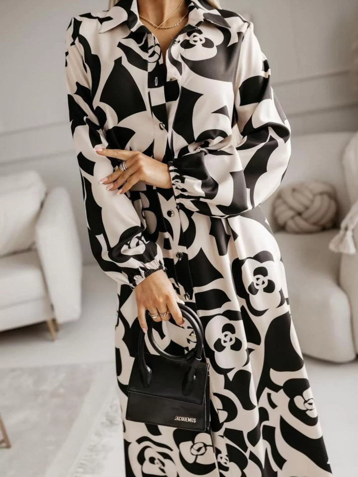 Printed Button Front Maxi Shirt Dress
