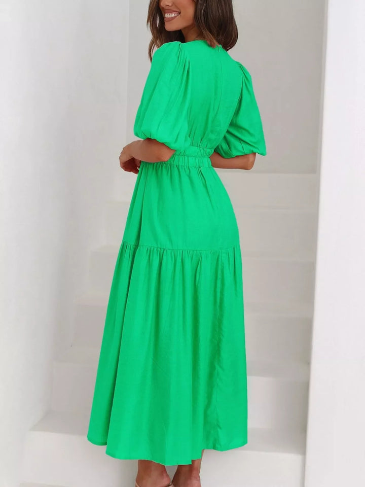 V-Neck Puff Sleeve Midi Dress