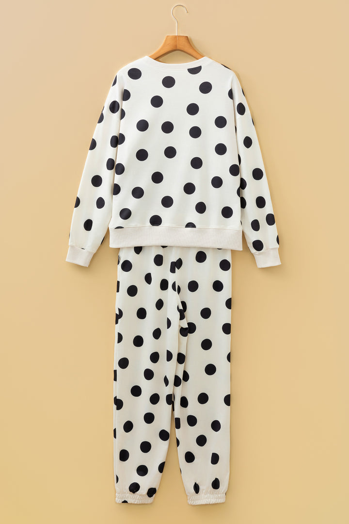 Beige Polka Dot Print Drop Shoulder Pullover Drawstring Jogger Pant Set
