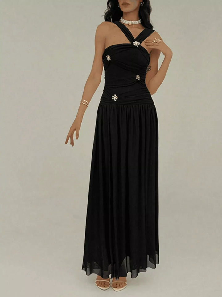 Ruched Sleeveless Maxi Dress with Embellishments