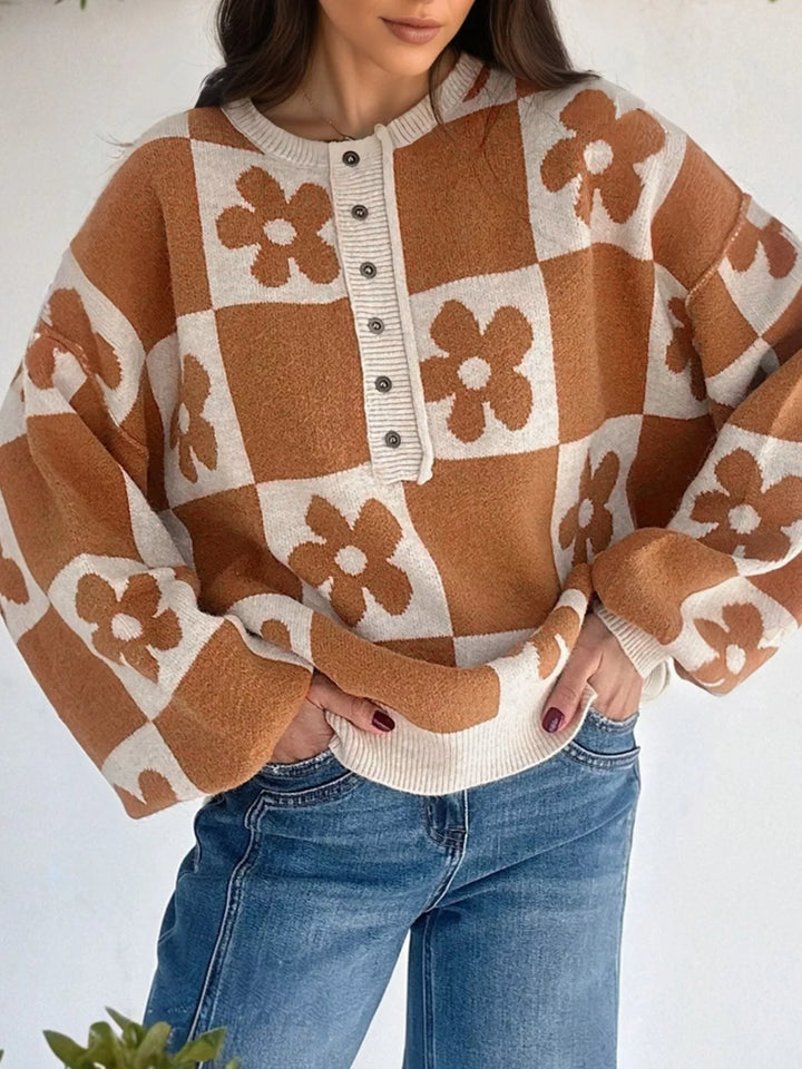 Flower Plaid Henley Baggy Sweater
