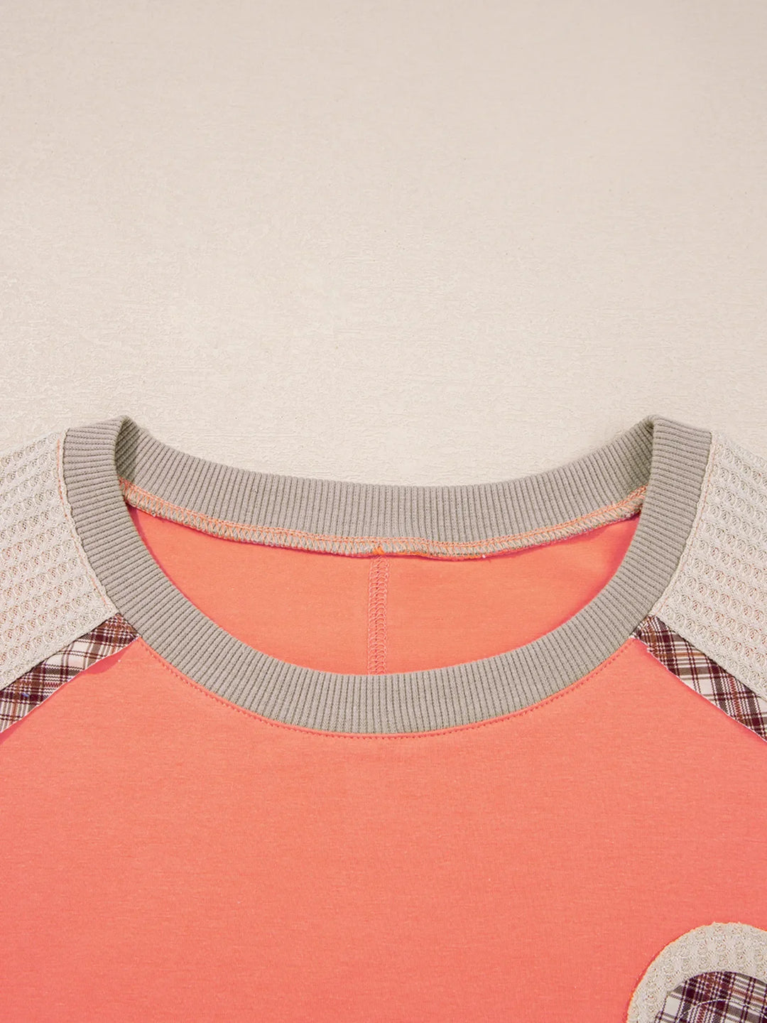 Plaid Waffle Flower Patchwork Contrast Top