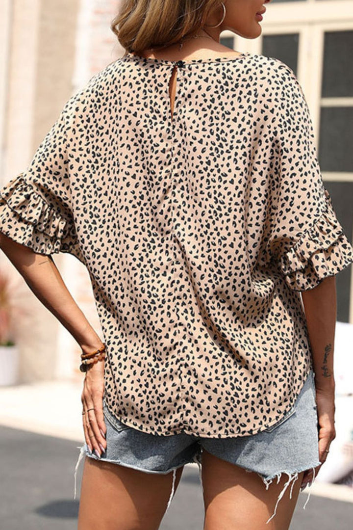 Perfee Leopard Print Flounce Sleeve Top