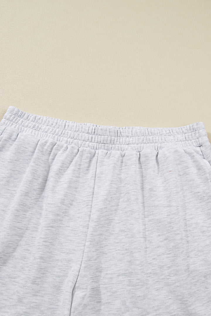 Light Grey Girly Bow Embroidered Puff Sleeve Pullover Loose Shorts Plus 2pcs Outfit