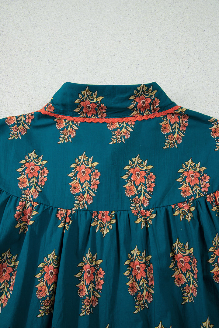Green Plus Size Floral Print Contrast Lacy Trim Pleated Loose Shirt