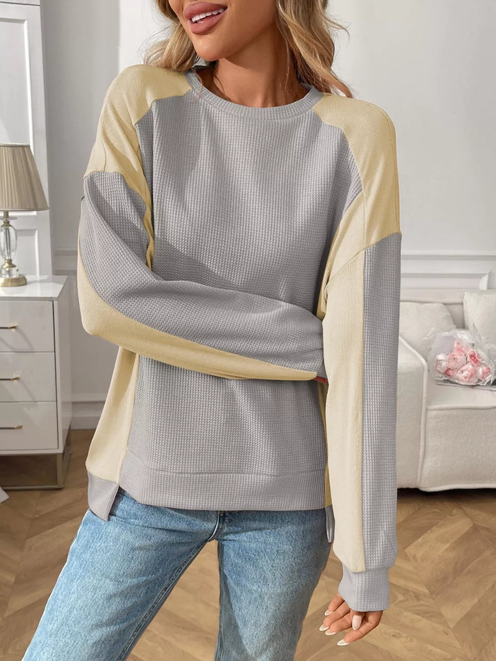 Color Block Waffle Knit Long Sleeve T-Shirt