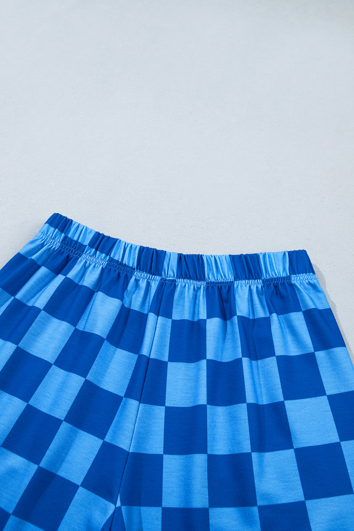 Dark Blue Plaid Checkered Long Sleeve Crop Top Elastic Waist Shorts Two Piece Set
