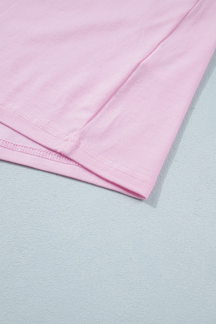 Gossamer Pink Embroidered Bow Detail Color Block Loose Tee