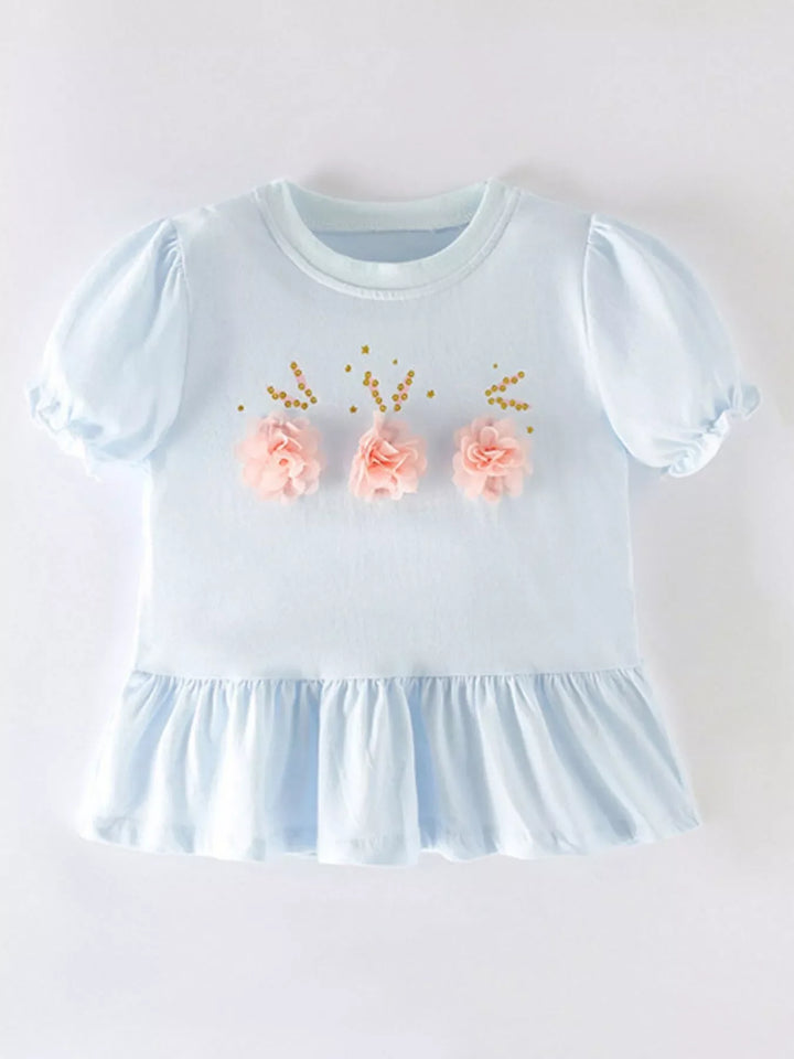 Children's Floral Applique Puff Sleeve Top with Ruffle Hem