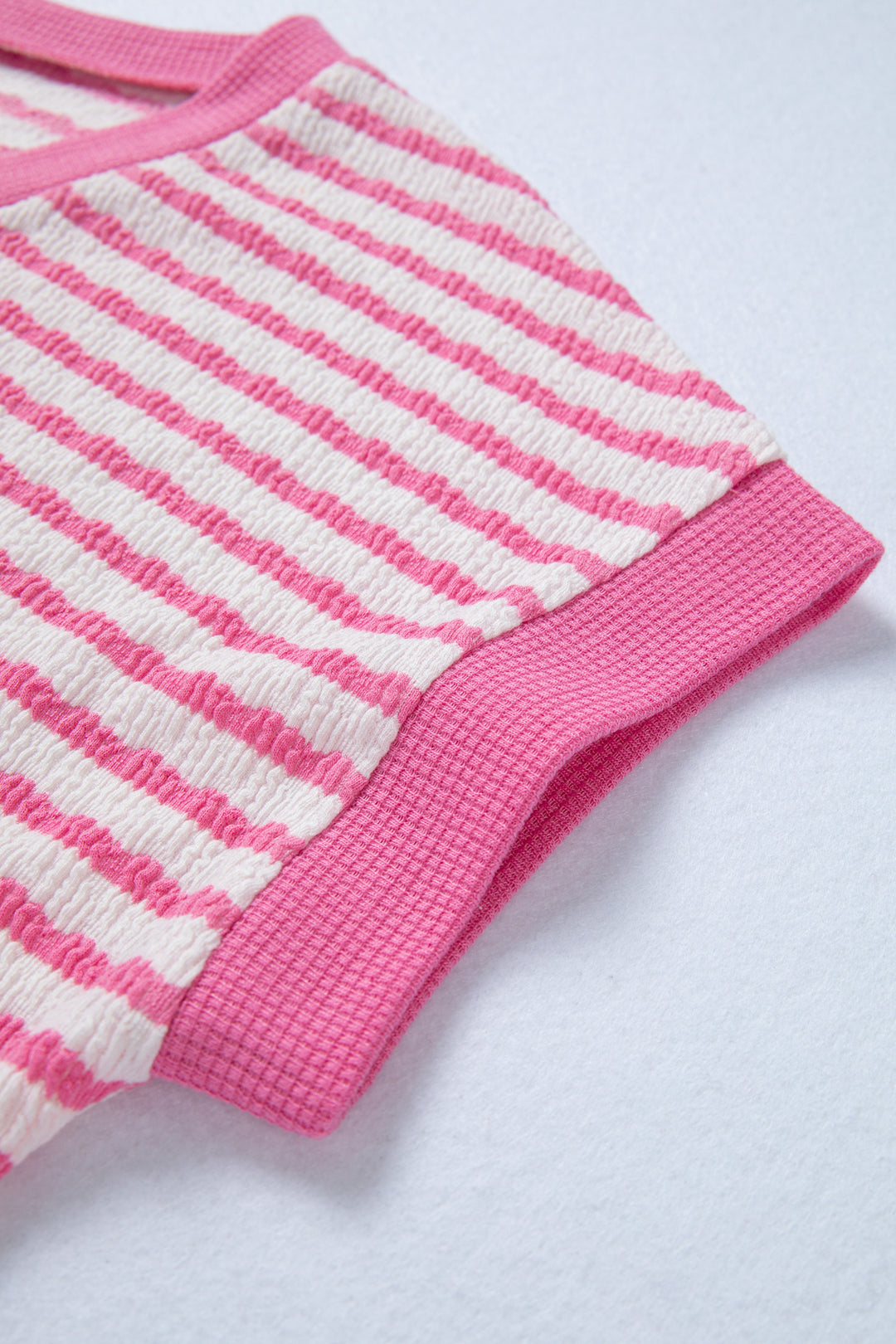 Pink Stripe Textured Knit Contrast Trim V Neck Short Sleeve Top