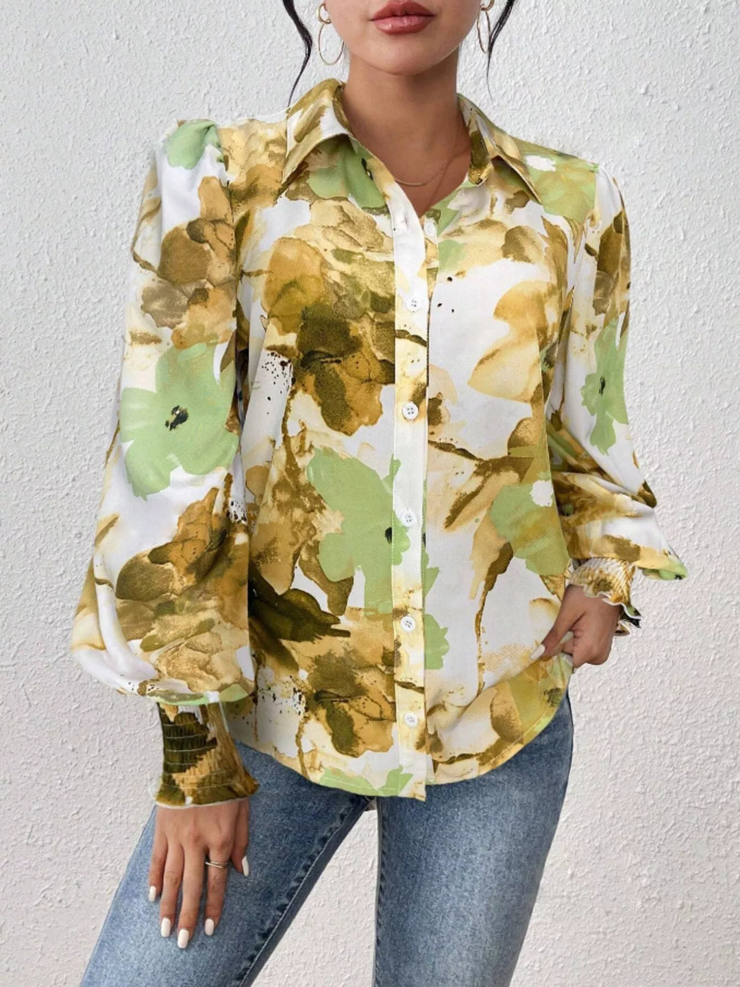 Printed Button Up Lantern Sleeve Shirt