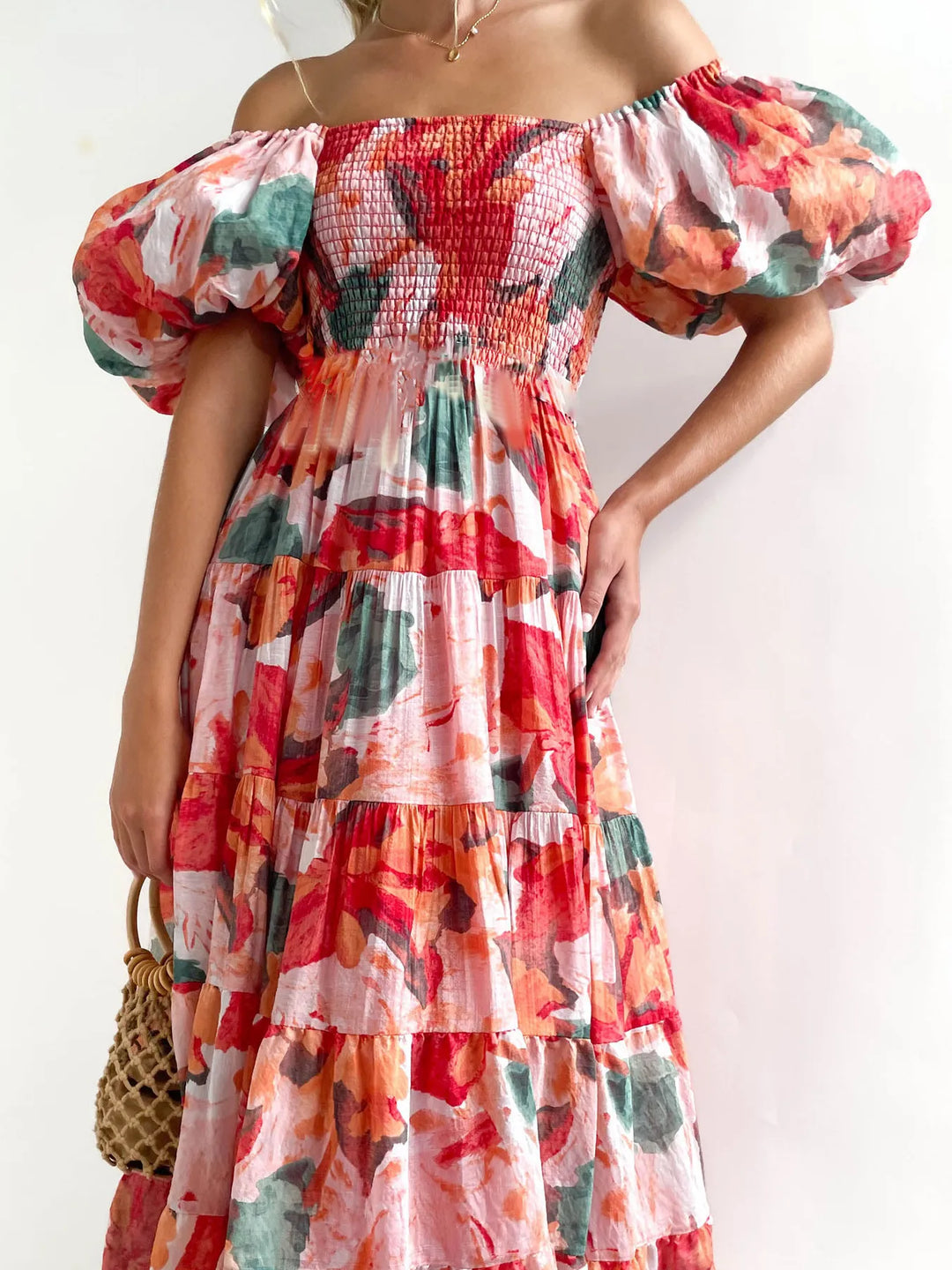 Floral Smocked Puff Sleeve Tiered Dress