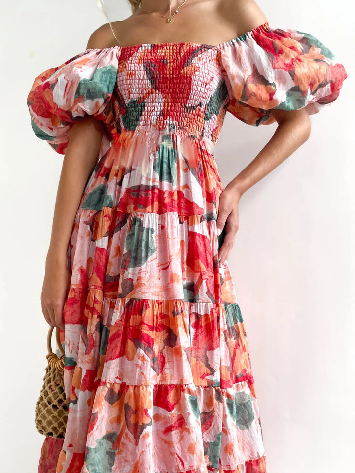 Floral Smocked Puff Sleeve Tiered Dress